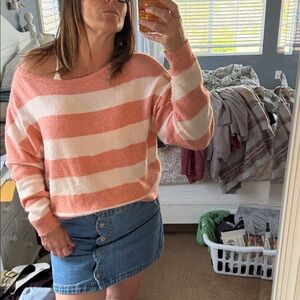 American Eagle Outfitters Peach & Cream Striped Oversized Off-Shoulder Sweater
